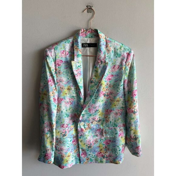 Zara Women Bloggers Favorite Floral Satin Double Breasted Blazer Multicolor Sz L - Picture 12 of 12